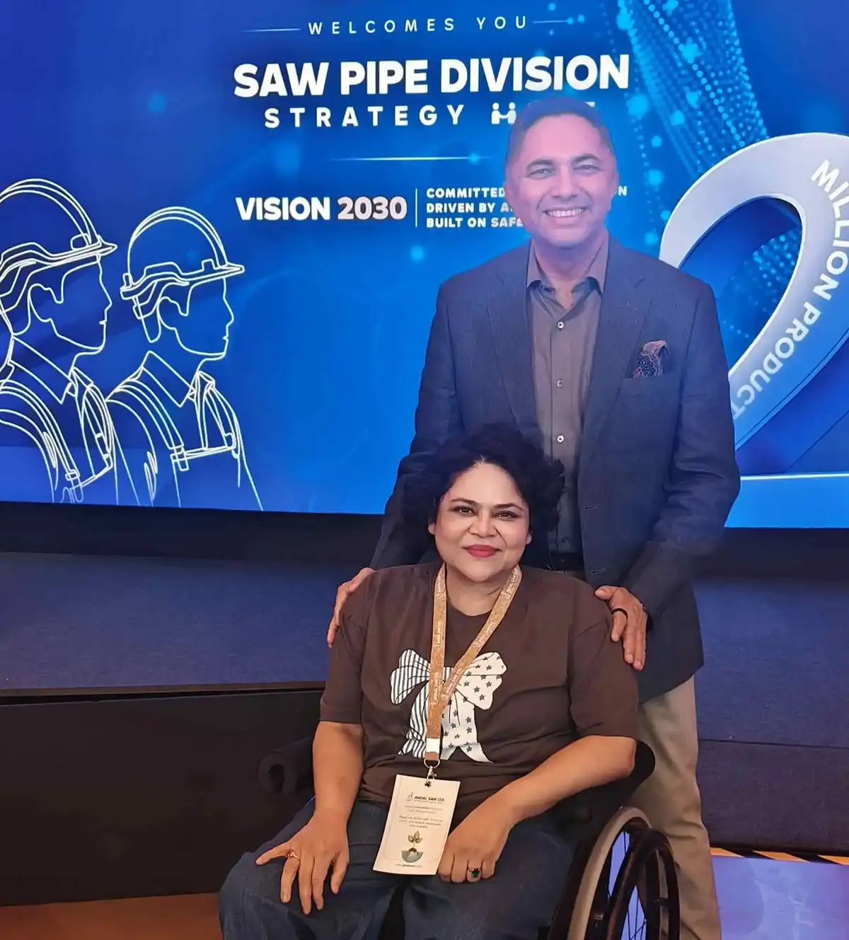 Leadership Speaker in India Akash Gautam with Ms. Sminu Jindal, Managing Director of Jindal SAW, at a leadership strategy event.